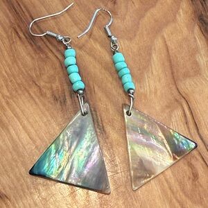 Iridescent Abalone Triangle Earrings with Turquoise Beads